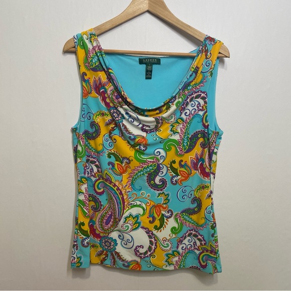 Lauren Ralph Lauren Paisley Print Sleeveless Top Large Multicolor Stretch - Picture 1 of 8